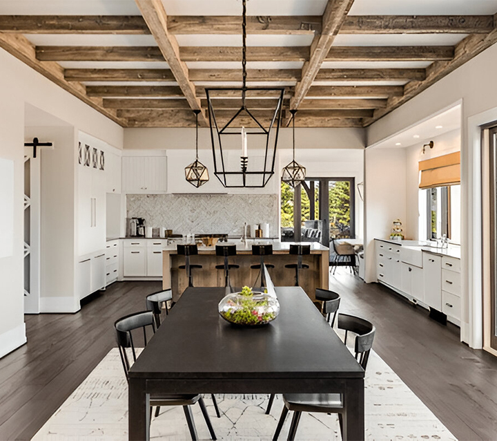 A cozy small kitchen with exposed wooden beams for a rustic ambiance