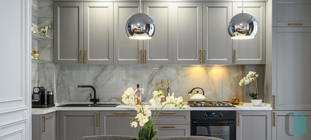 Gray Cabinets With Pendant Lights