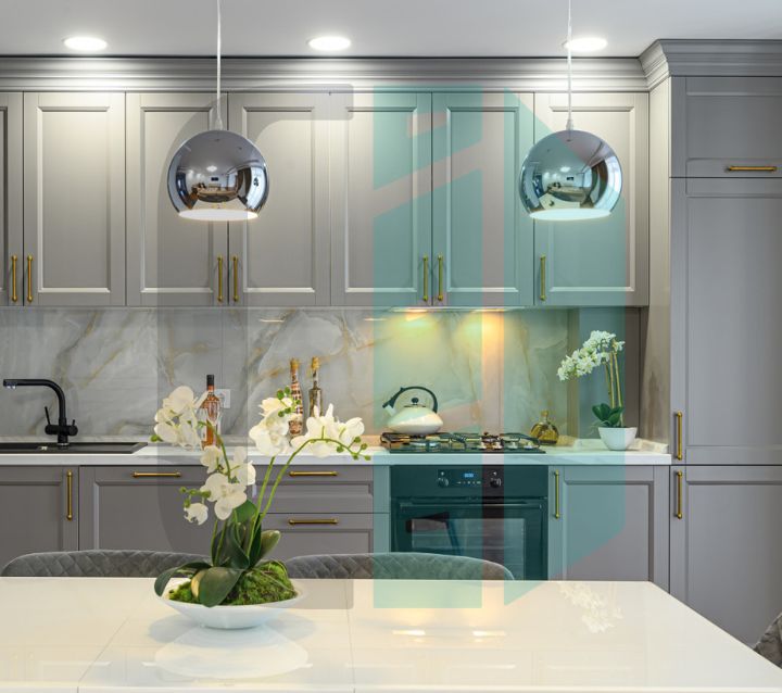 Gray Cabinets With Pendant Lights