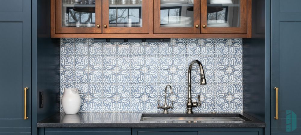 Statement Pattern Backsplash with Dark Gray Cabinets