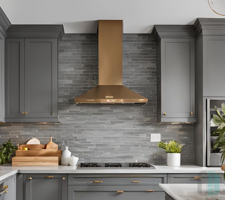 A modern kitchen with grey cabinets and a stone backsplash extending to the ceiling