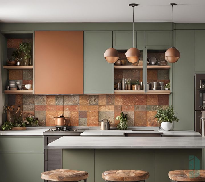  A modern kitchen with gray cabinets and an earth-toned backsplash featuring a mix of brown, orange, and beige tiles