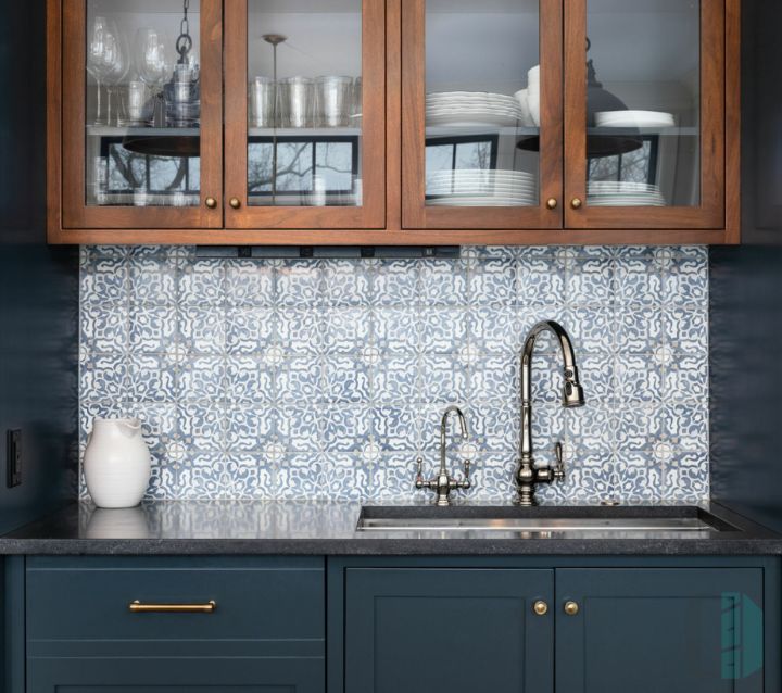 Black Herringbone Tile Backsplash with Gray Cabinets