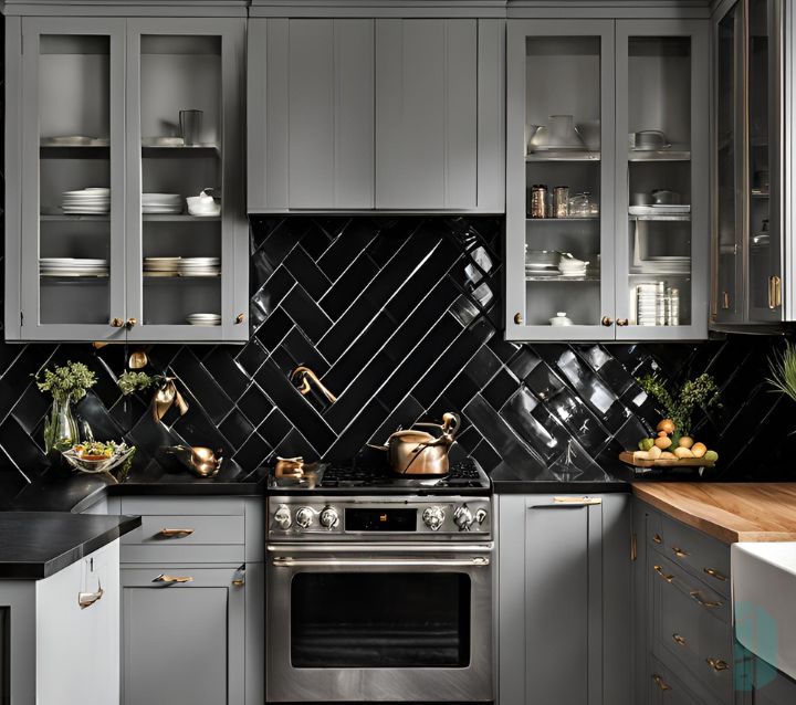 Black Herringbone Tile Backsplash with Gray Cabinets