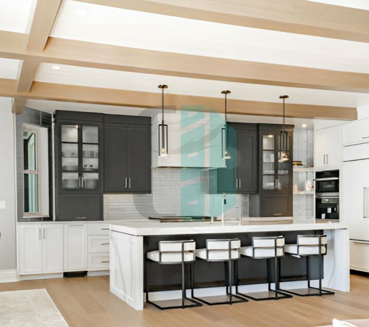 Kitchen space with exposed wood beams, adding rustic charm and architectural interest